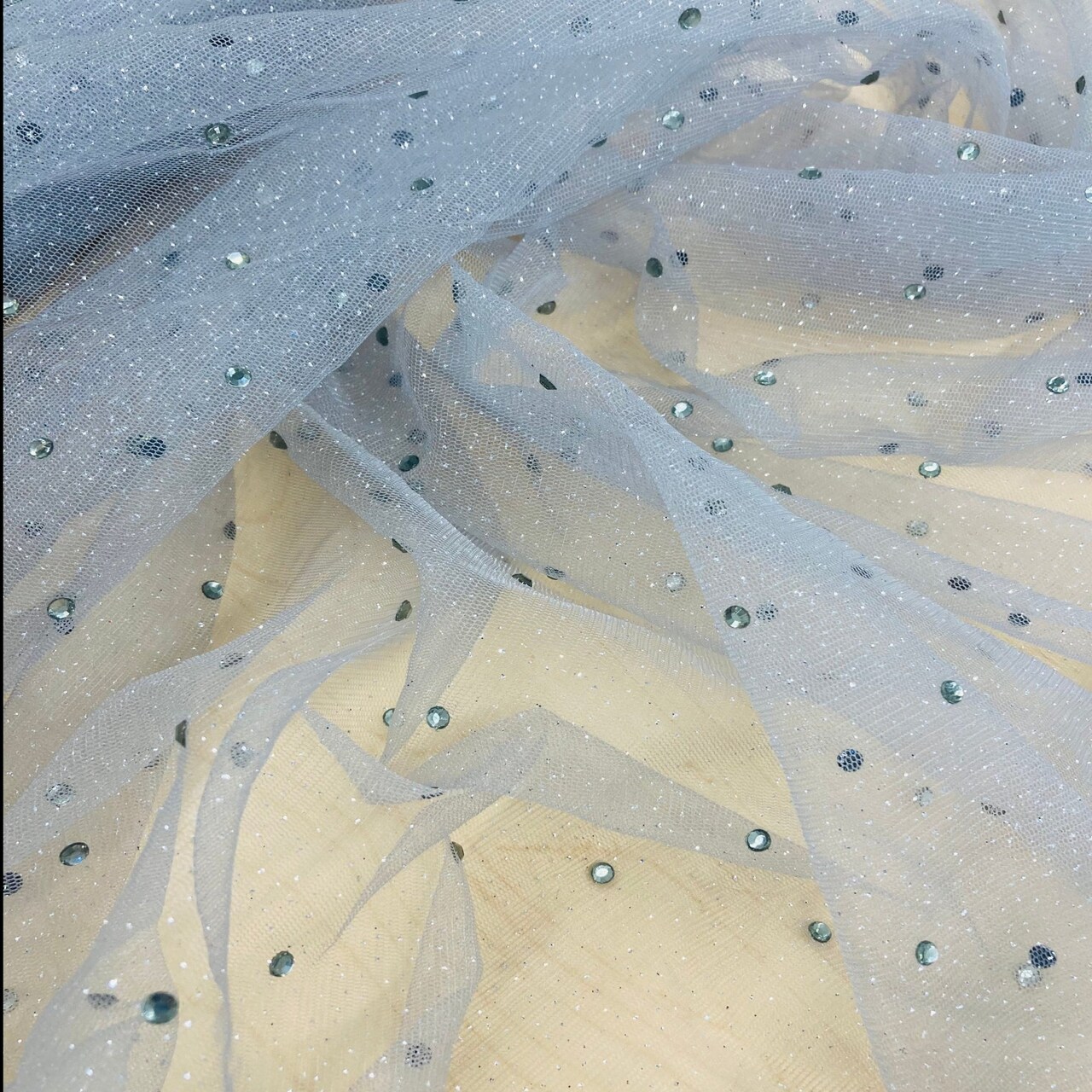 1 Yard Champagne Glitter Mesh Fabric with Scattered Rhinestones Stretch 60 Inch Width